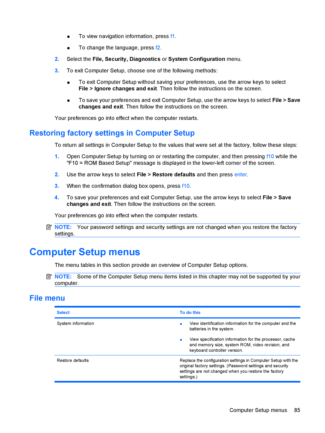 HP 4410t Mobile manual Computer Setup menus, Restoring factory settings in Computer Setup, File menu 