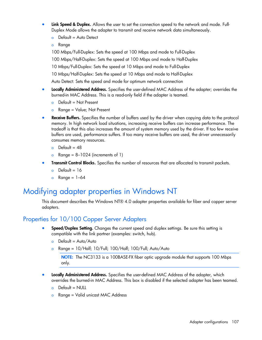 HP 441877-00B manual Modifying adapter properties in Windows NT 