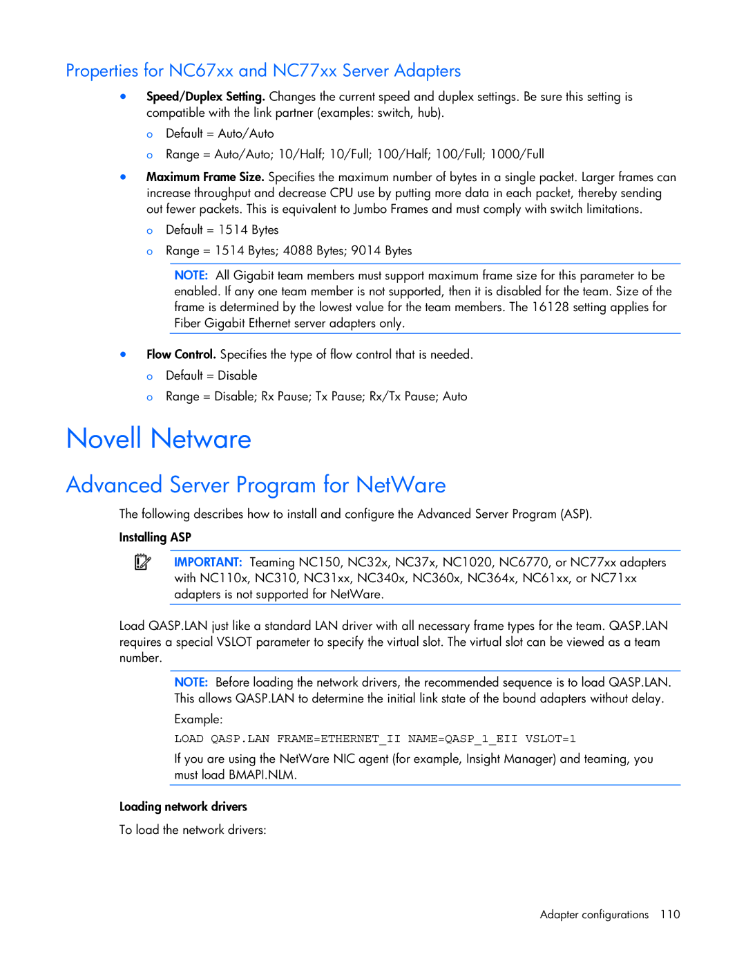 HP 441877-00B manual Novell Netware, Load QASP.LAN FRAME=ETHERNETII NAME=QASP1EII VSLOT=1 