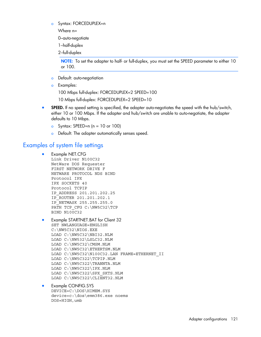 HP 441877-00B manual Examples of system file settings 