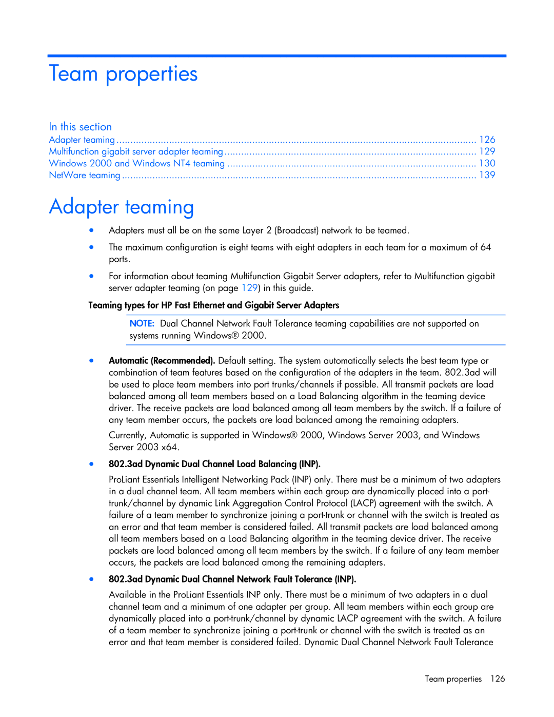 HP 441877-00B manual Team properties, Adapter teaming 