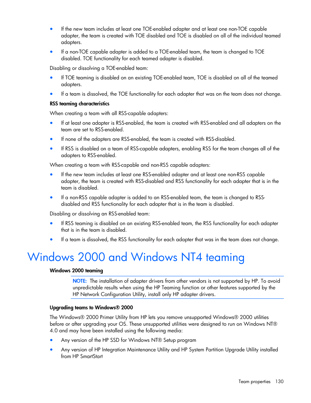 HP 441877-00B manual Windows 2000 and Windows NT4 teaming 