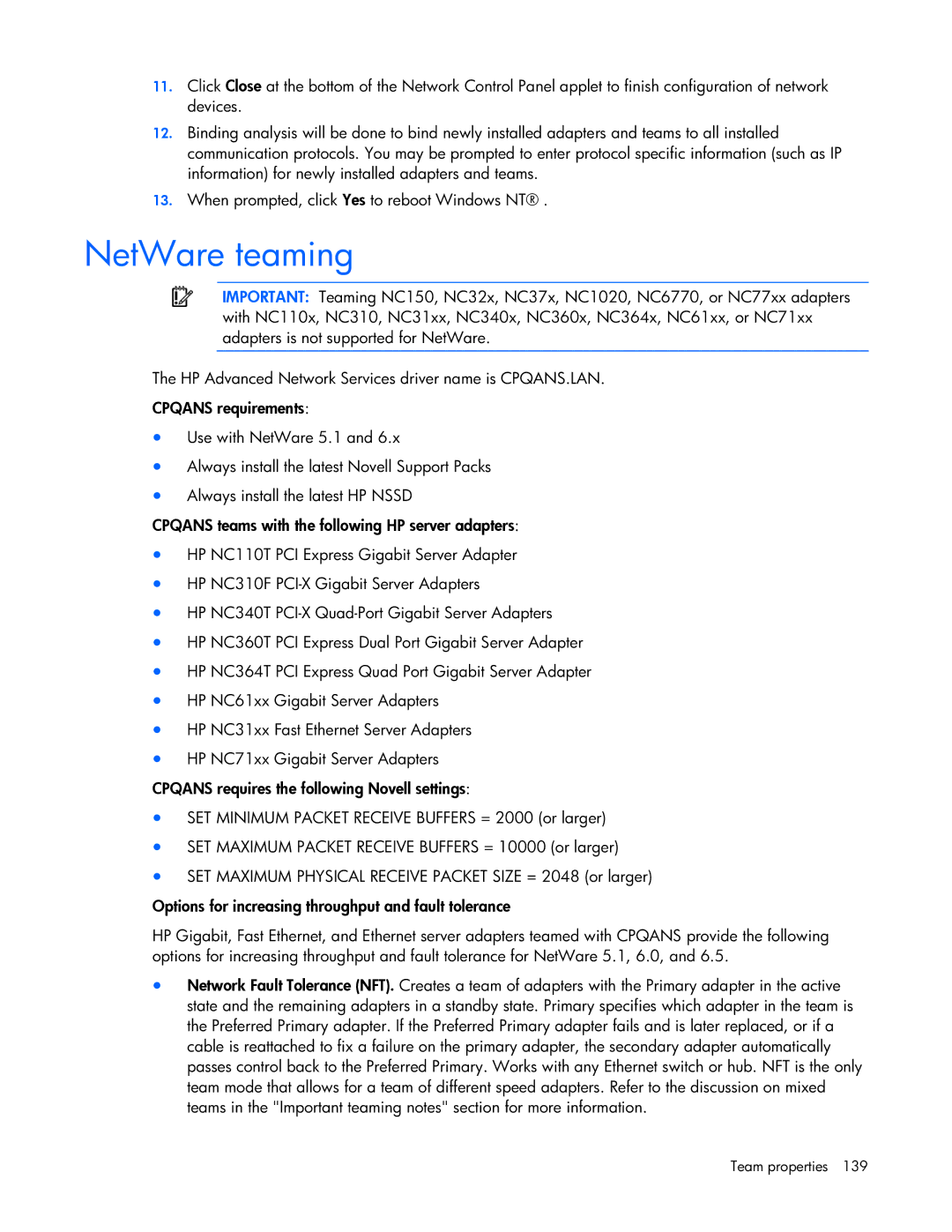 HP 441877-00B manual NetWare teaming 