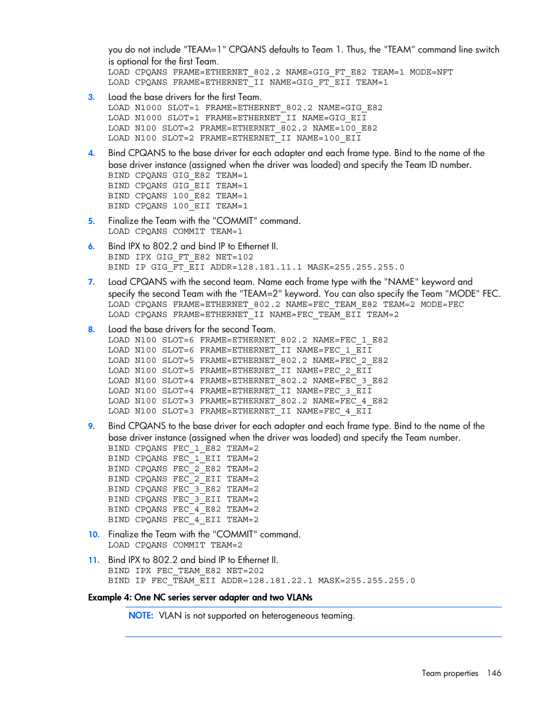 HP 441877-00B Load Cpqans Commit TEAM=1, Bind IPX GIGFTE82 NET=102, Load Cpqans Commit TEAM=2, Bind IPX FECTEAME82 NET=202 