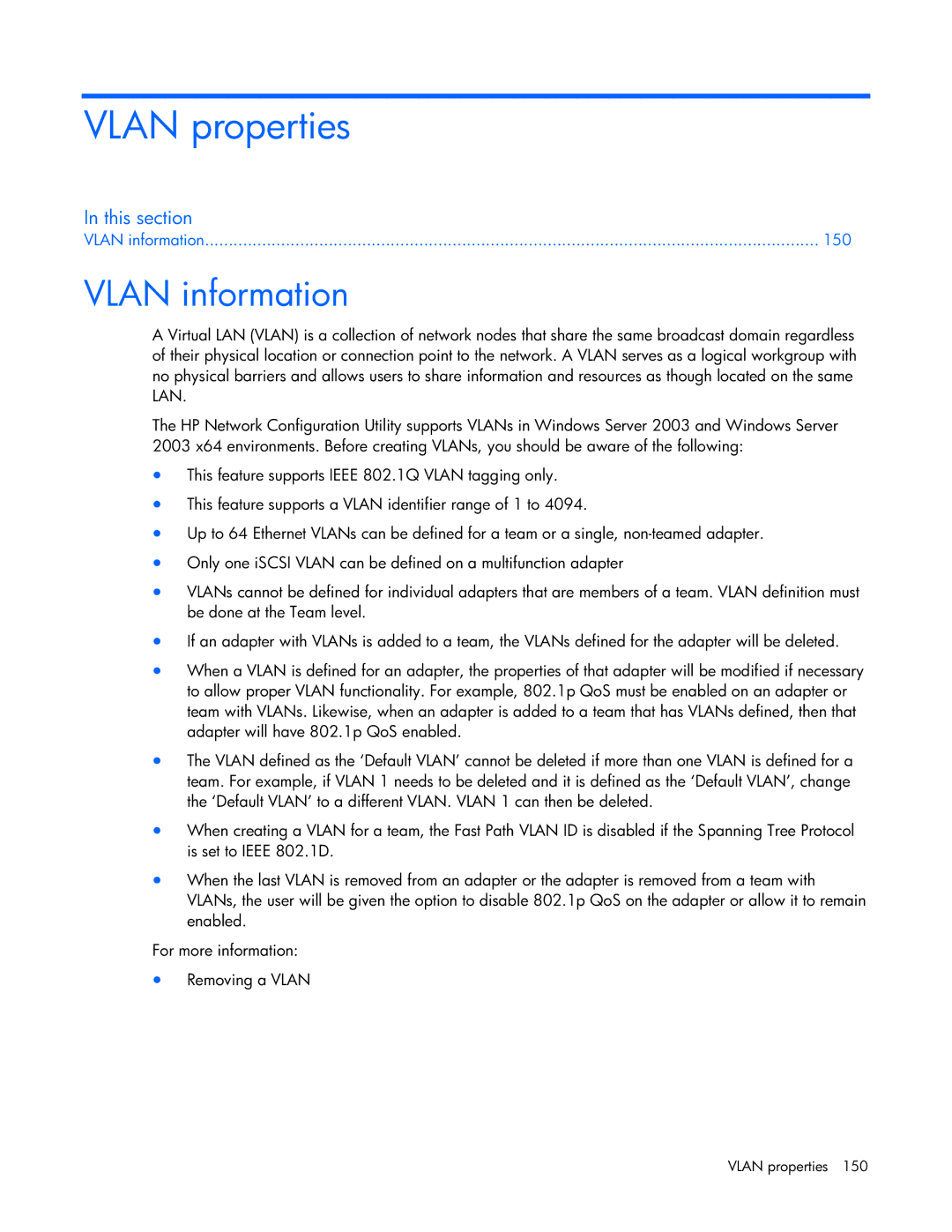 HP 441877-00B manual Vlan properties, Vlan information 