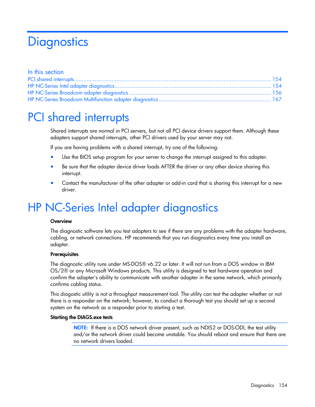 HP 441877-00B manual PCI shared interrupts, HP NC-Series Intel adapter diagnostics 