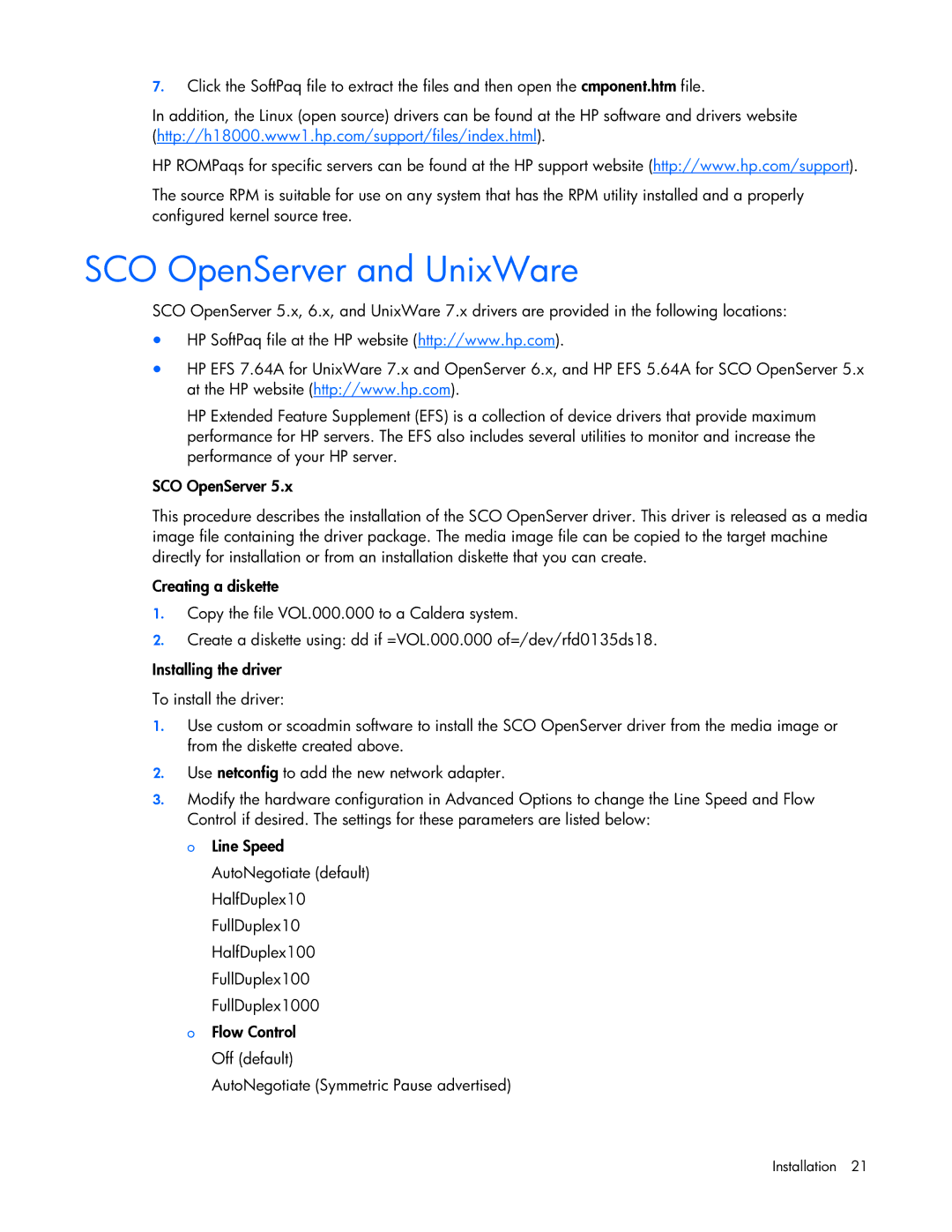 HP 441877-00B manual SCO OpenServer and UnixWare 