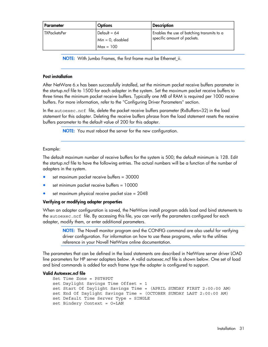 HP 441877-00B manual Parameter Options Description 