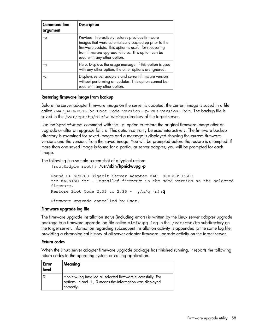 HP 441877-00B manual Previous. Interactively restores previous firmware 