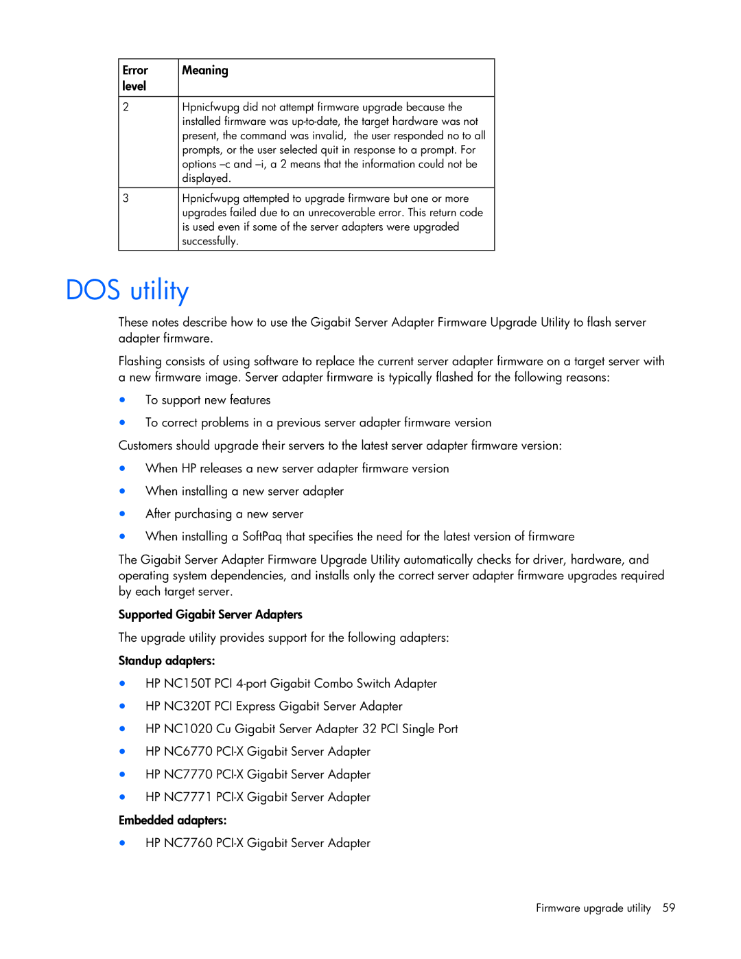 HP 441877-00B manual DOS utility, Error Meaning Level 