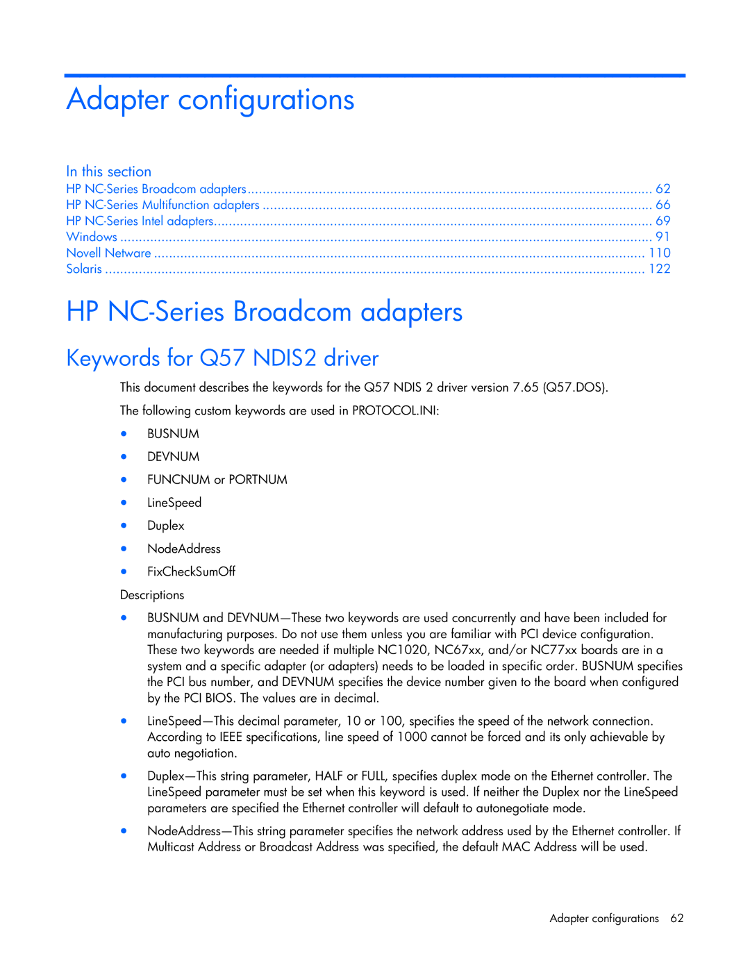 HP 441877-00B manual HP NC-Series Broadcom adapters, Busnum Devnum 