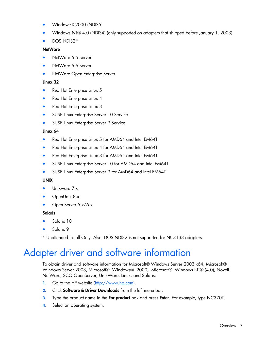 HP 441877-00B manual Adapter driver and software information, DOS NDIS2, Unix 