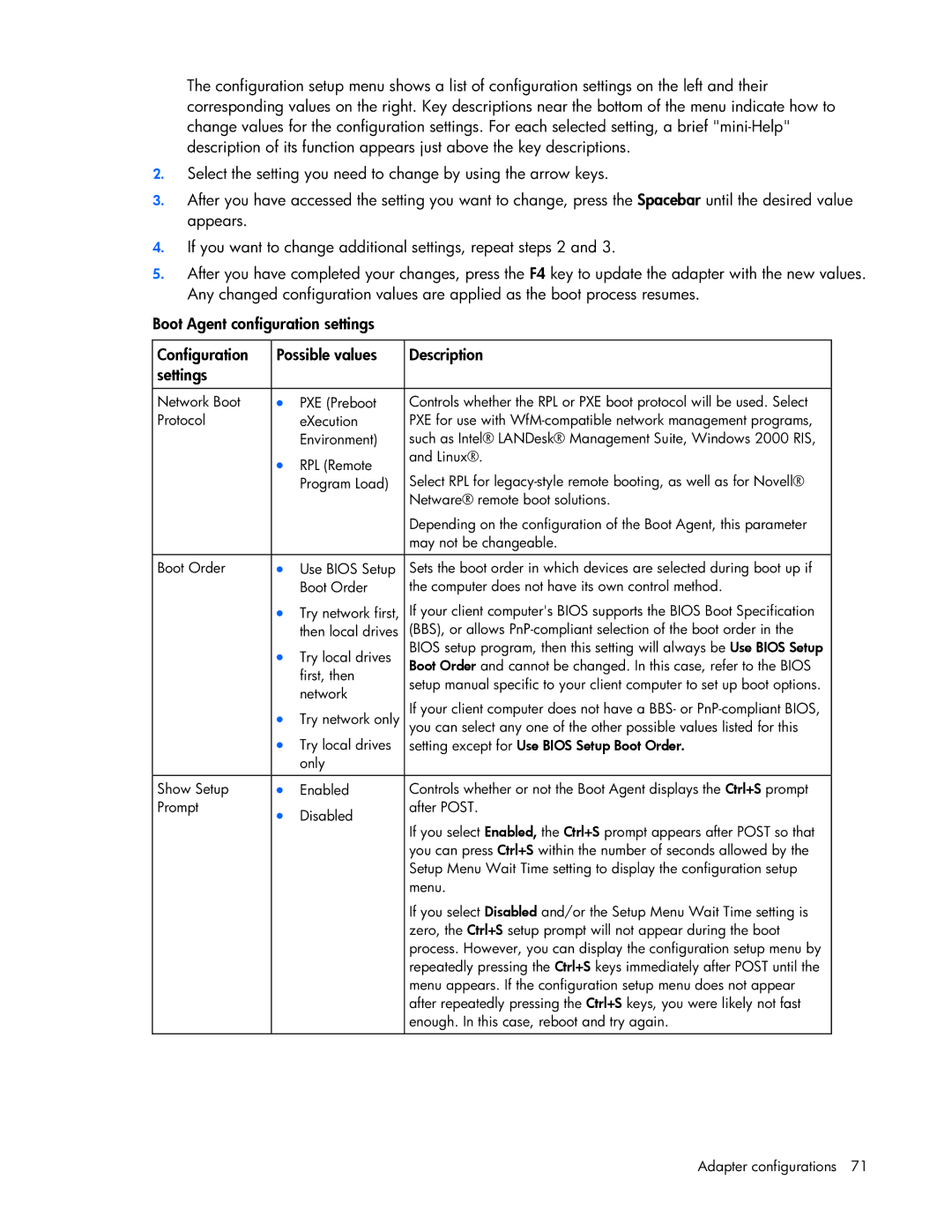 HP 441877-00B manual Configuration Possible values Description Settings 