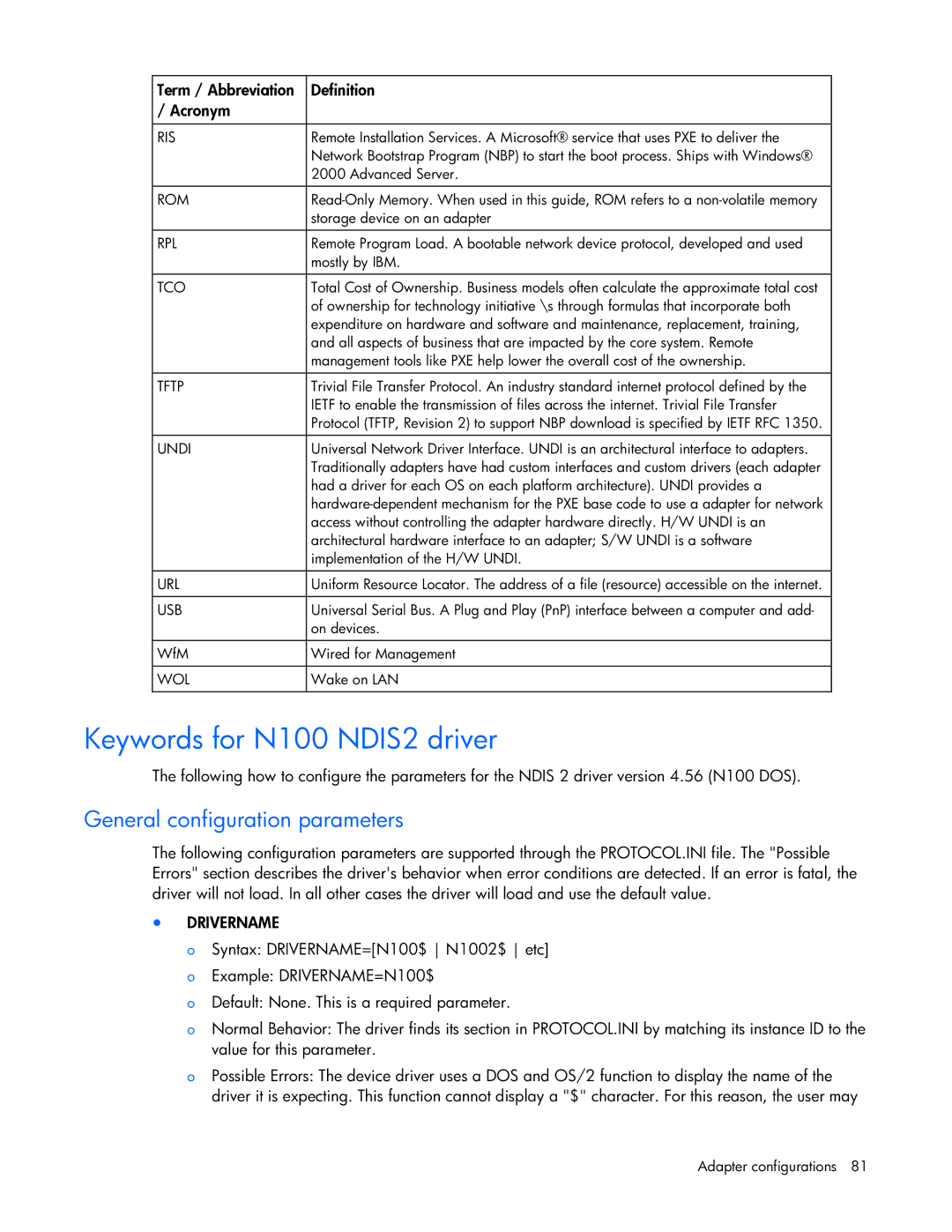 HP 441877-00B manual Keywords for N100 NDIS2 driver 