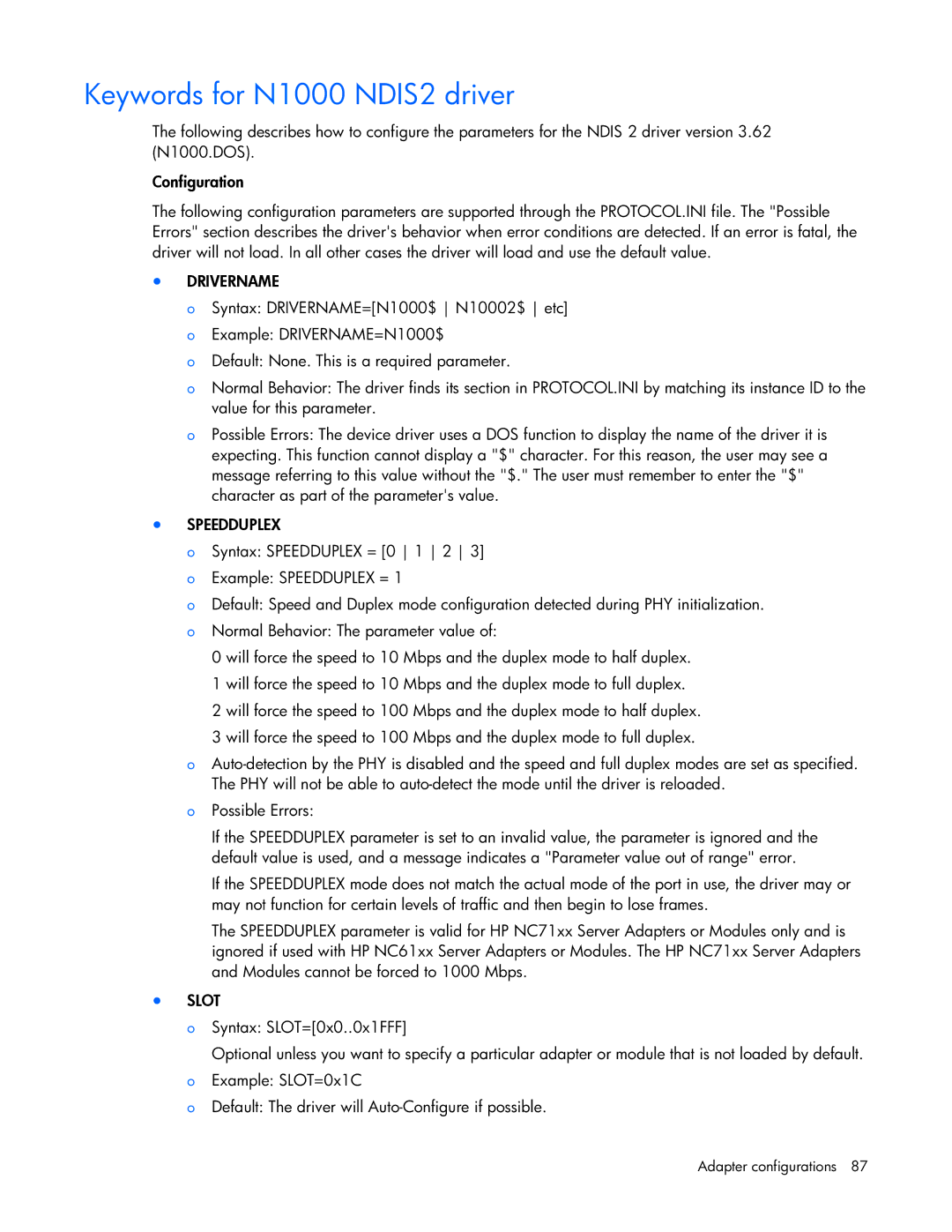 HP 441877-00B manual Keywords for N1000 NDIS2 driver, Speedduplex 