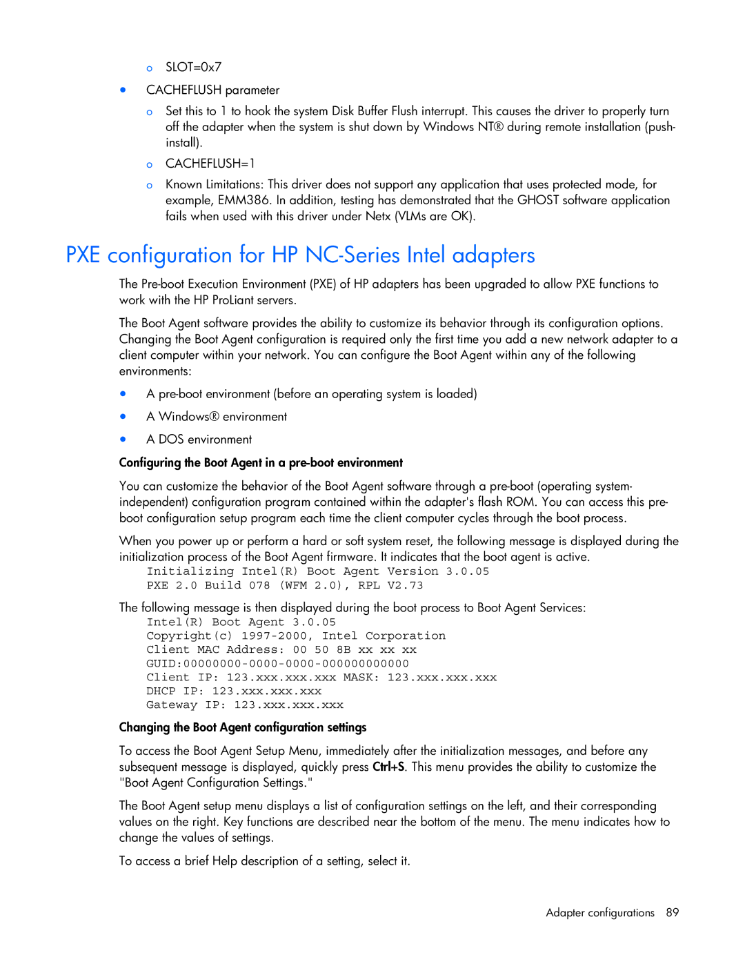 HP 441877-00B manual PXE configuration for HP NC-Series Intel adapters 