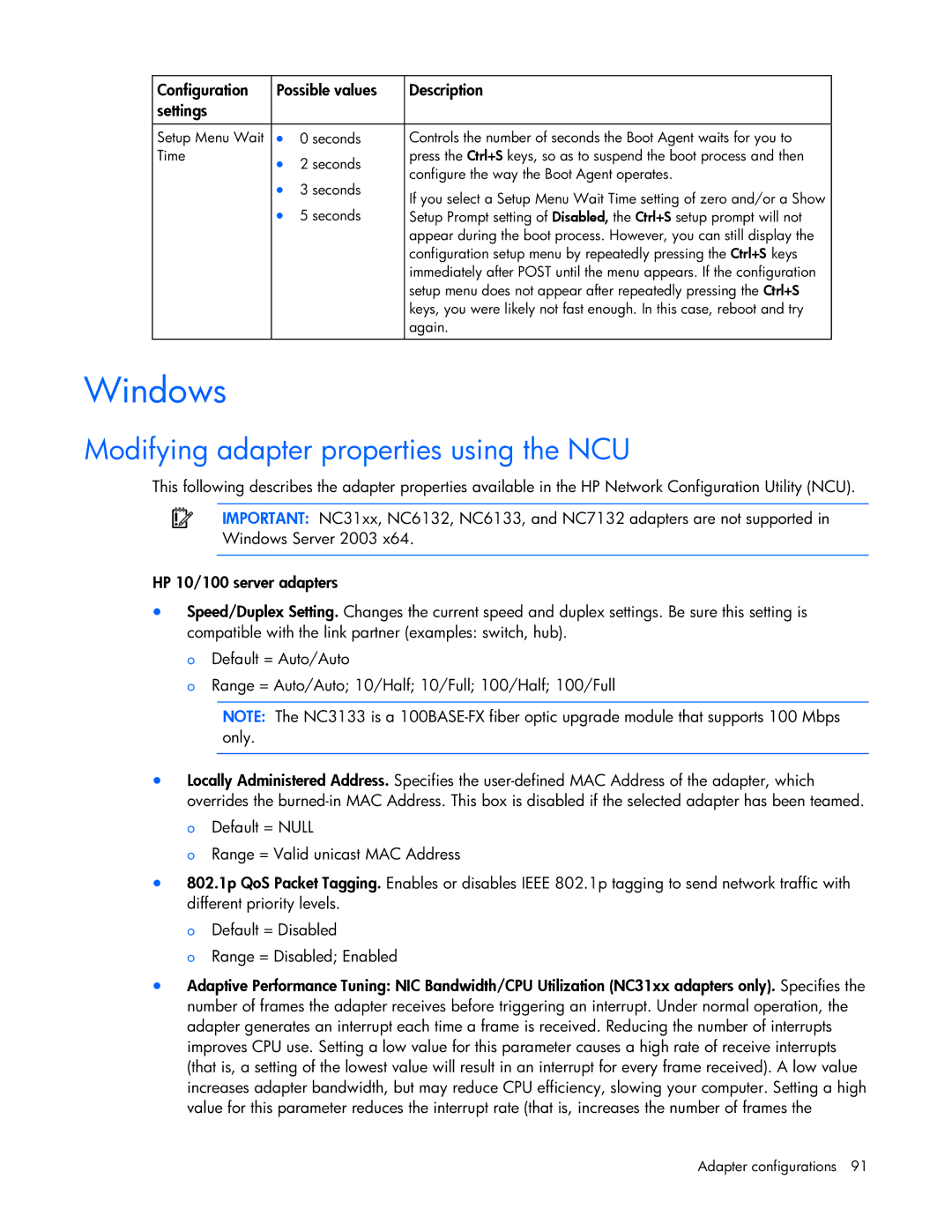 HP 441877-00B manual Windows, Modifying adapter properties using the NCU 