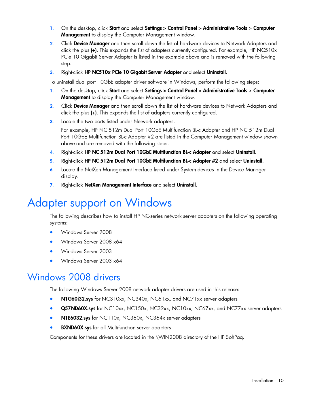 HP 441877-00F manual Adapter support on Windows, Windows 2008 drivers 