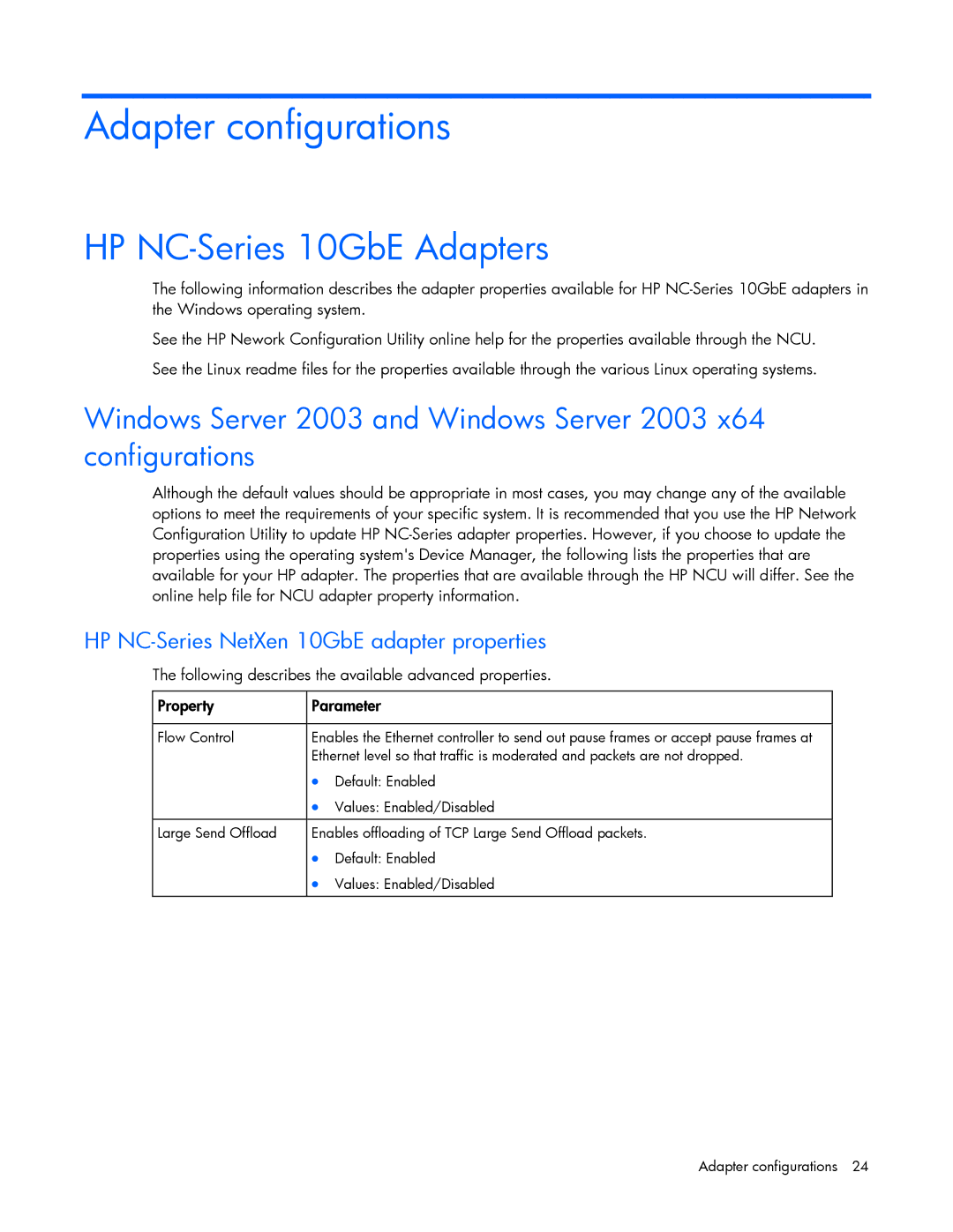 HP 441877-00F manual Adapter configurations, HP NC-Series 10GbE Adapters 