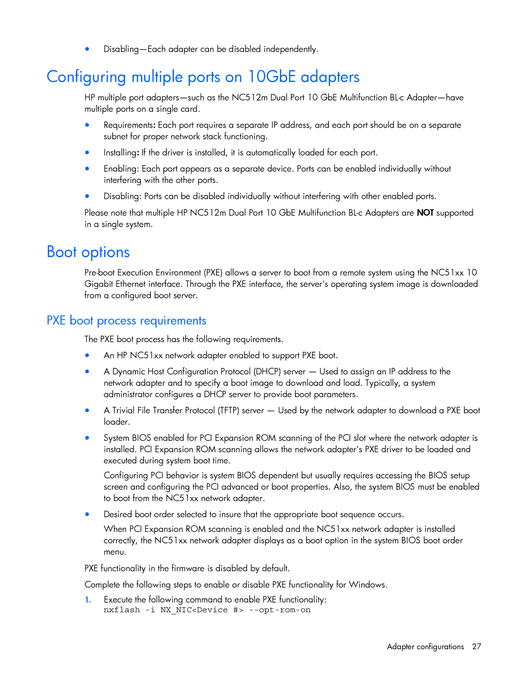 HP 441877-00F manual Configuring multiple ports on 10GbE adapters, Boot options 