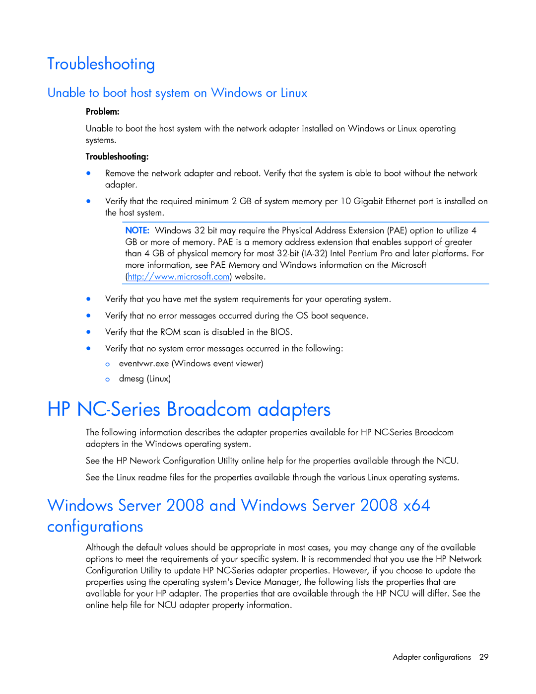 HP 441877-00F manual HP NC-Series Broadcom adapters, Troubleshooting 