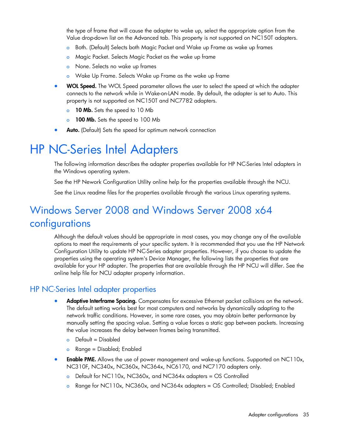 HP 441877-00F manual HP NC-Series Intel Adapters, HP NC-Series Intel adapter properties 