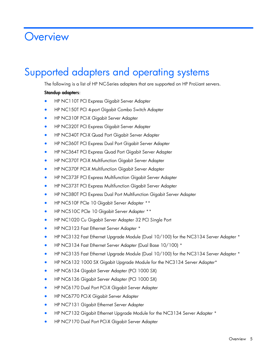 HP 441877-00F manual Overview, Supported adapters and operating systems 