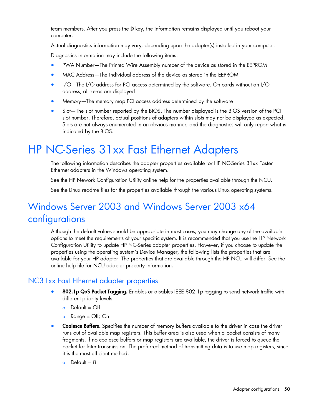 HP 441877-00F manual HP NC-Series 31xx Fast Ethernet Adapters, NC31xx Fast Ethernet adapter properties 