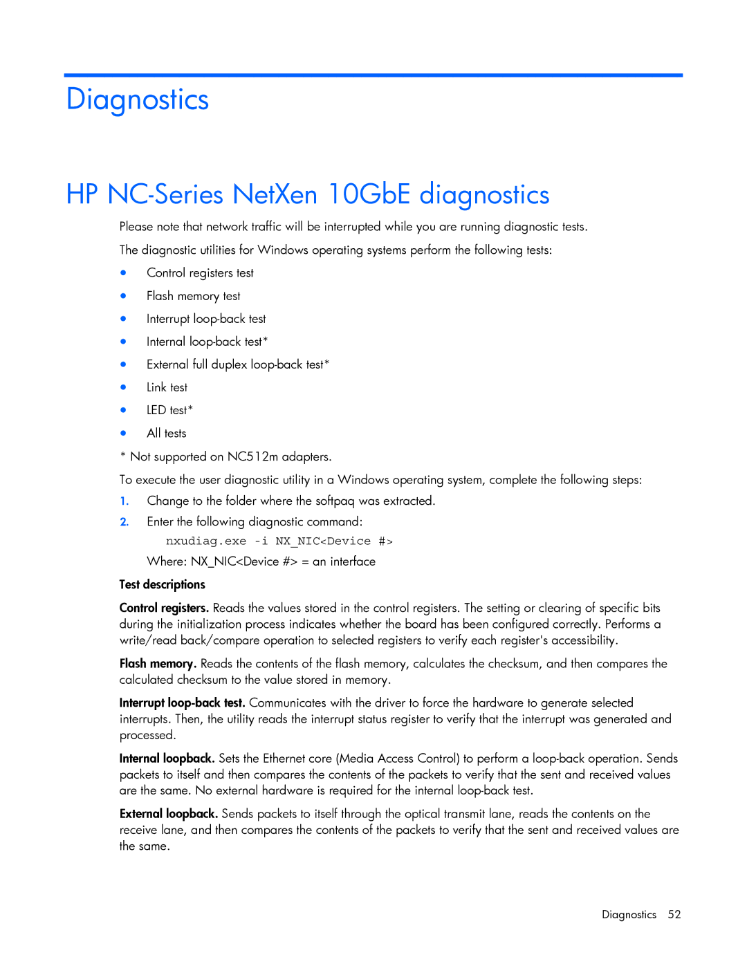 HP 441877-00F manual Diagnostics, HP NC-Series NetXen 10GbE diagnostics 