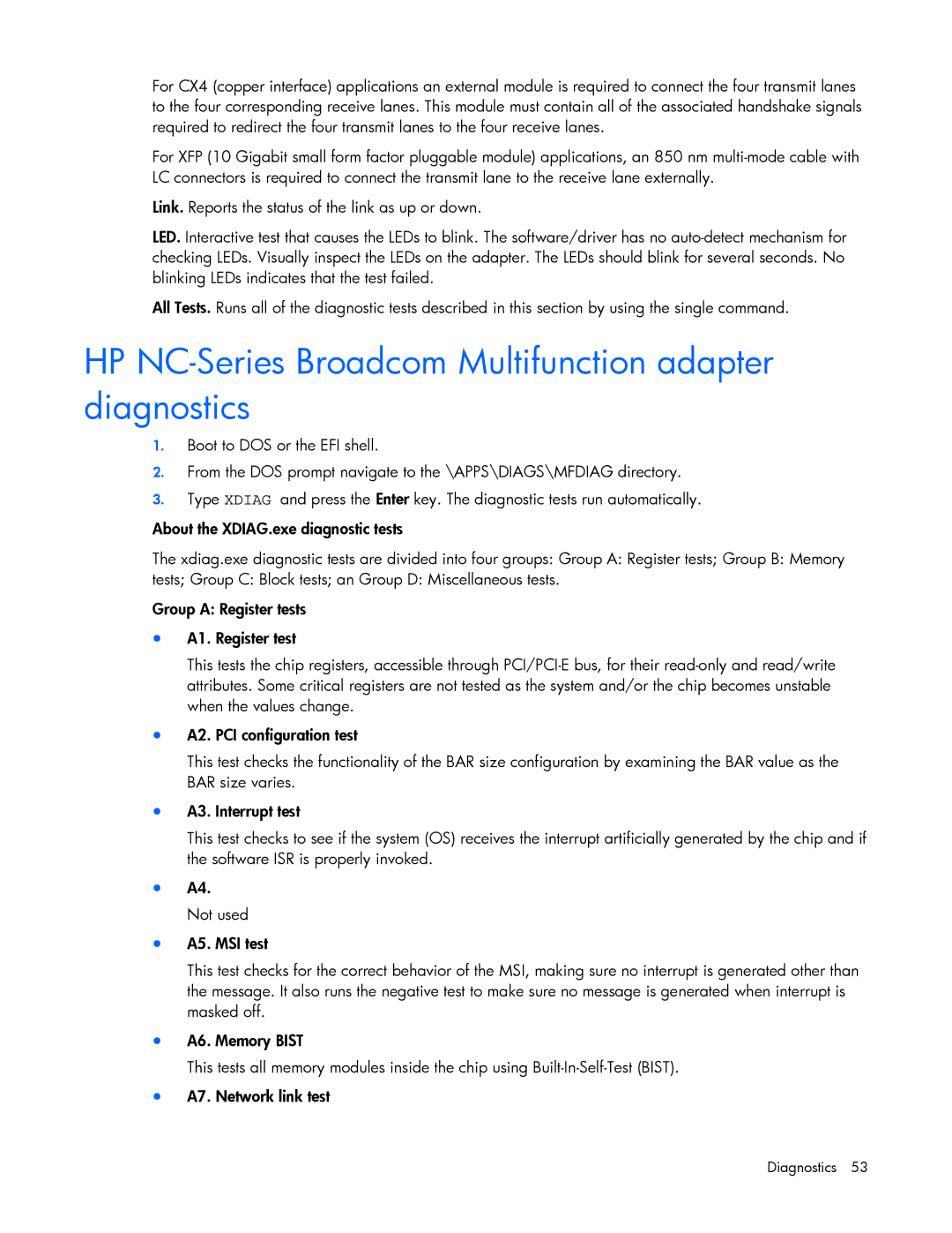 HP 441877-00F manual HP NC-Series Broadcom Multifunction adapter diagnostics 