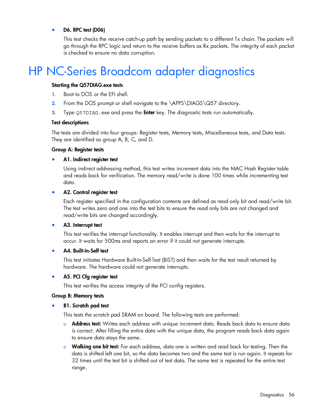 HP 441877-00F manual HP NC-Series Broadcom adapter diagnostics 