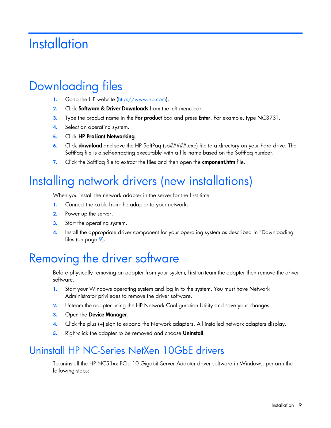 HP 441877-00F Installation, Downloading files, Installing network drivers new installations, Removing the driver software 