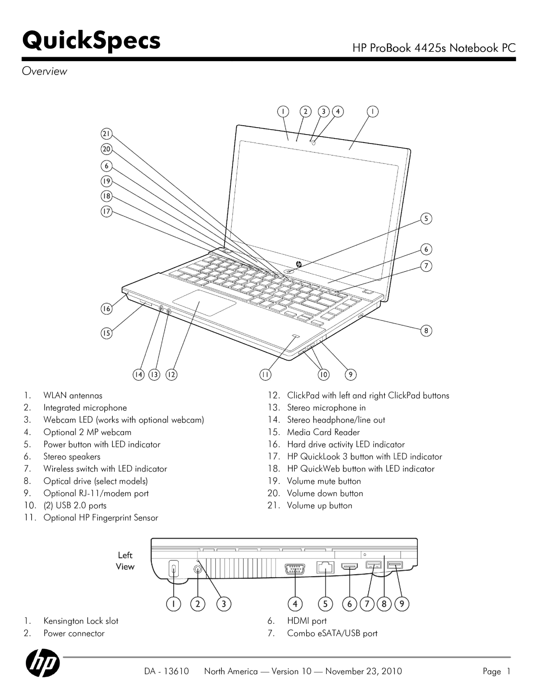 HP 4425S manual Overview, Wlan antennas, DA 13610 North America Version 10 November 23 