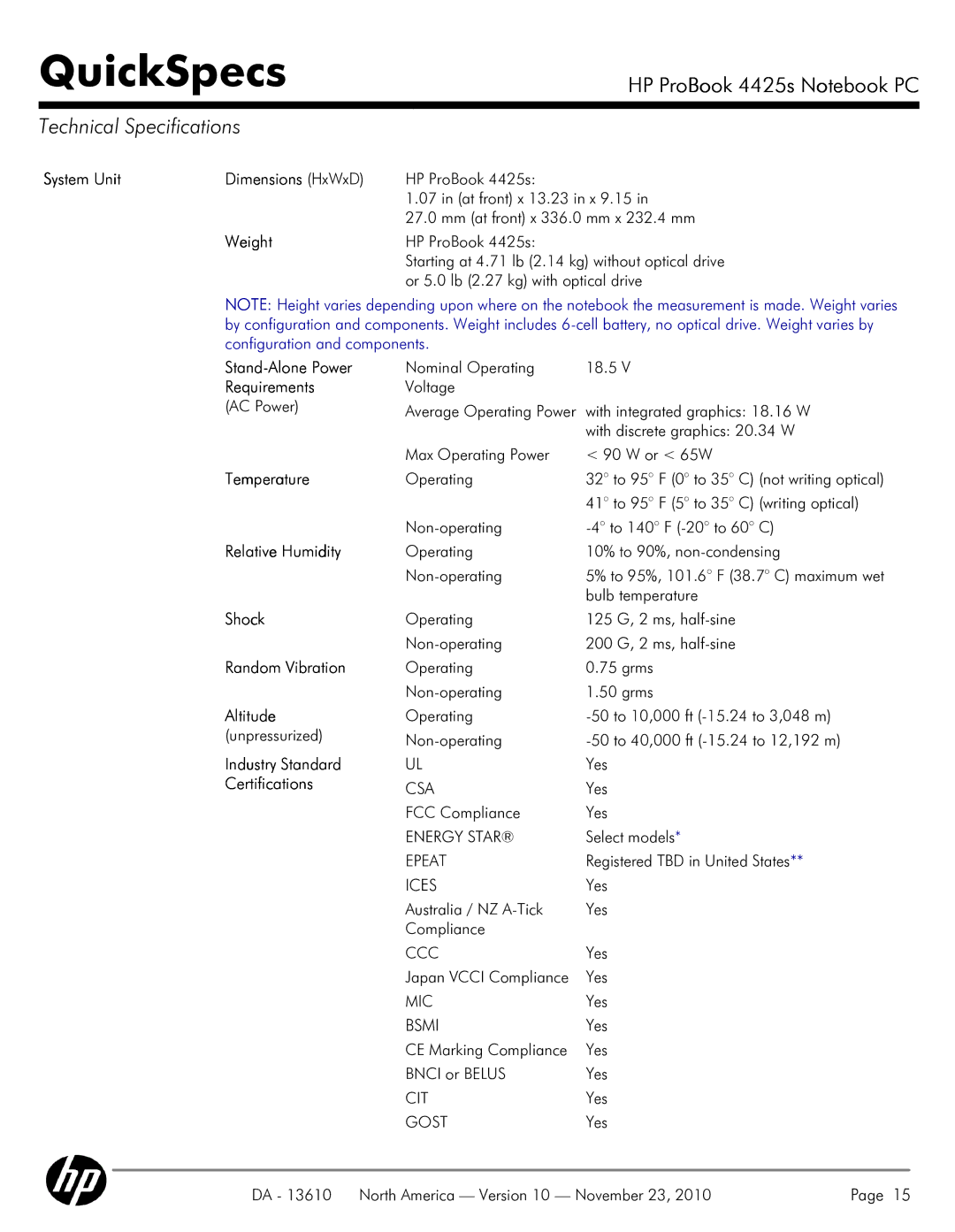 HP 4425S manual Technical Specifications 