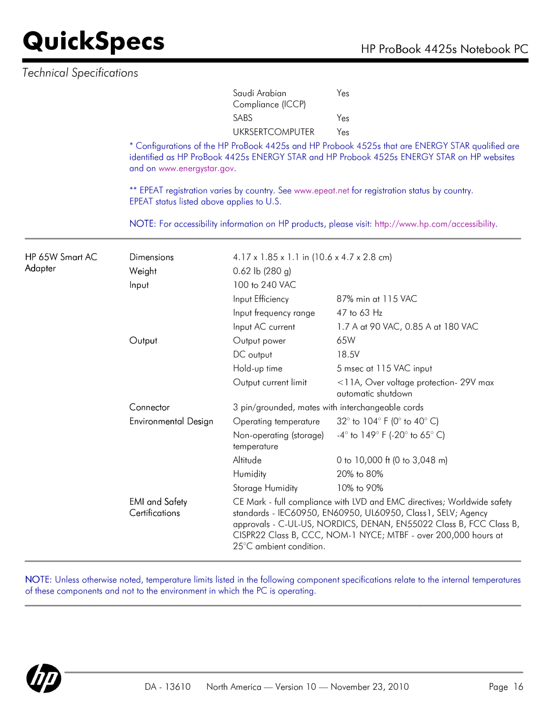 HP 4425S manual HP 65W Smart AC Dimensions, Adapter Weight, Input, Output, Connector, Environmental Design, EMI and Safety 