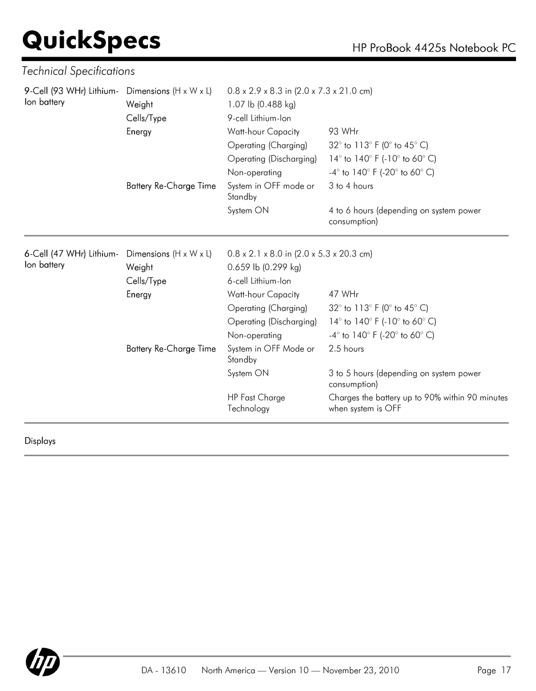 HP 4425S manual Cell 93 WHr Lithium Dimensions H x W x L, Ion battery Weight, Cells/Type, Energy, Displays 