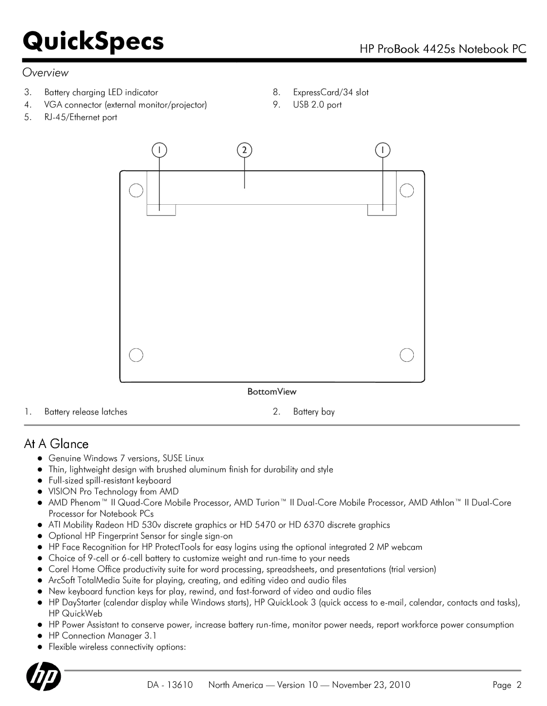 HP 4425S manual At a Glance, Battery charging LED indicator 