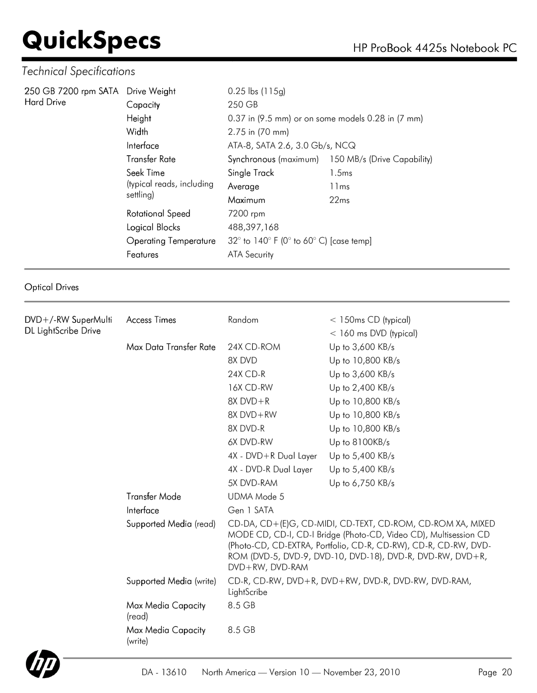 HP 4425S 250 GB 7200 rpm Sata Hard Drive Drive Weight, Optical Drives DVD+/-RW SuperMulti Access Times, Transfer Mode 