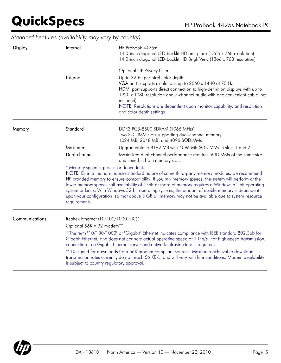 HP 4425S manual Display Internal, External, Memory Standard, Maximum, Dual-channel, Communications 