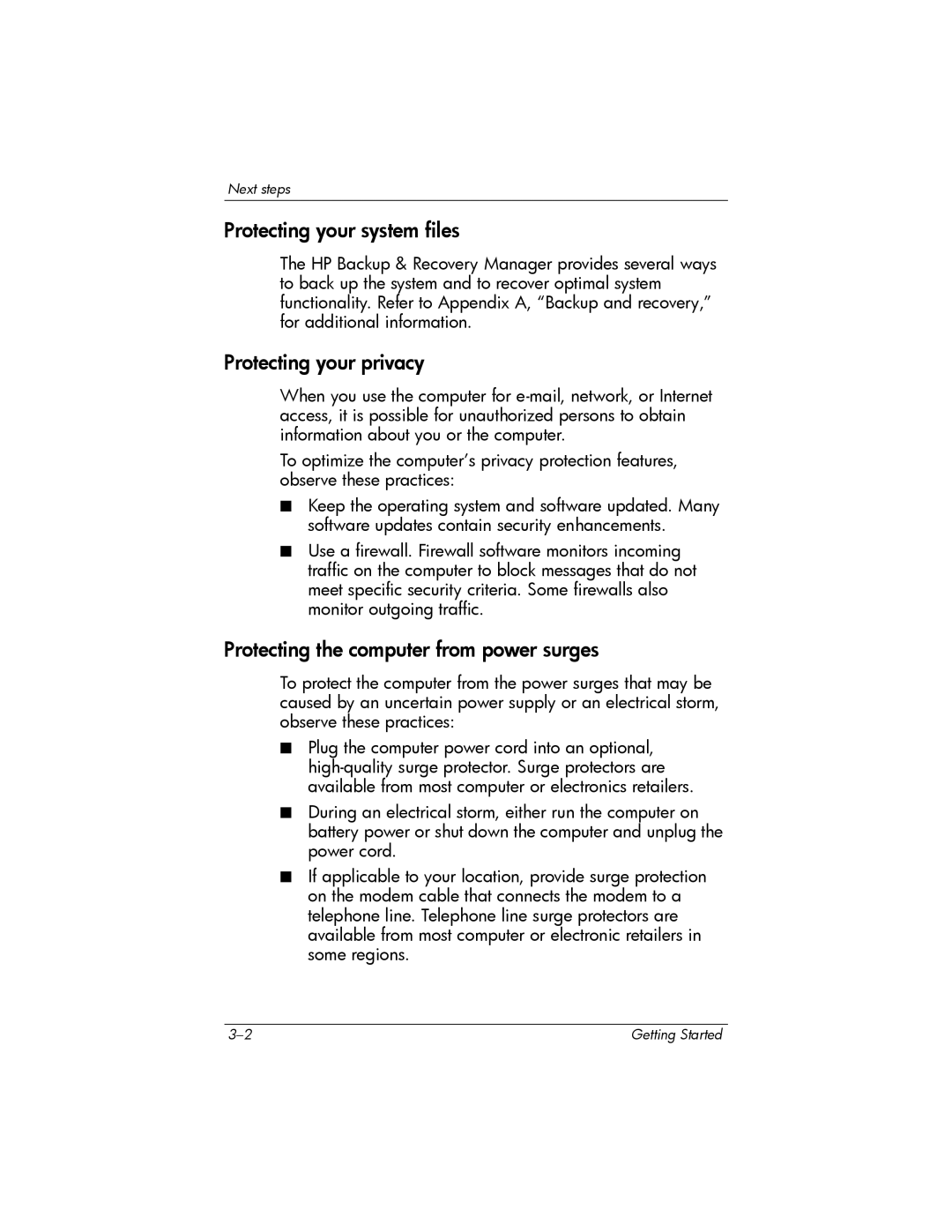 HP 443562-001 manual Protecting your system files, Protecting your privacy, Protecting the computer from power surges 