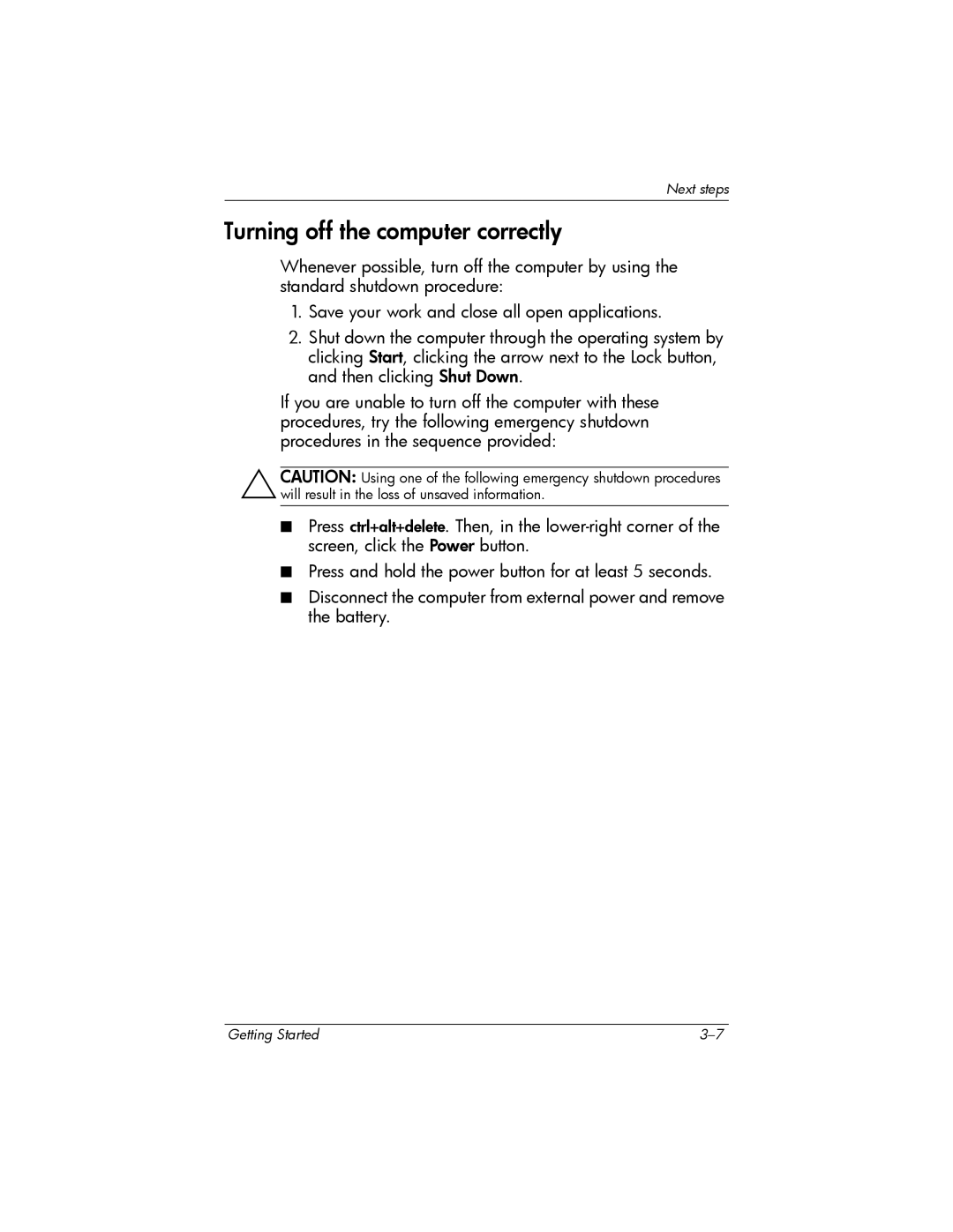 HP 443562-001 manual Turning off the computer correctly 