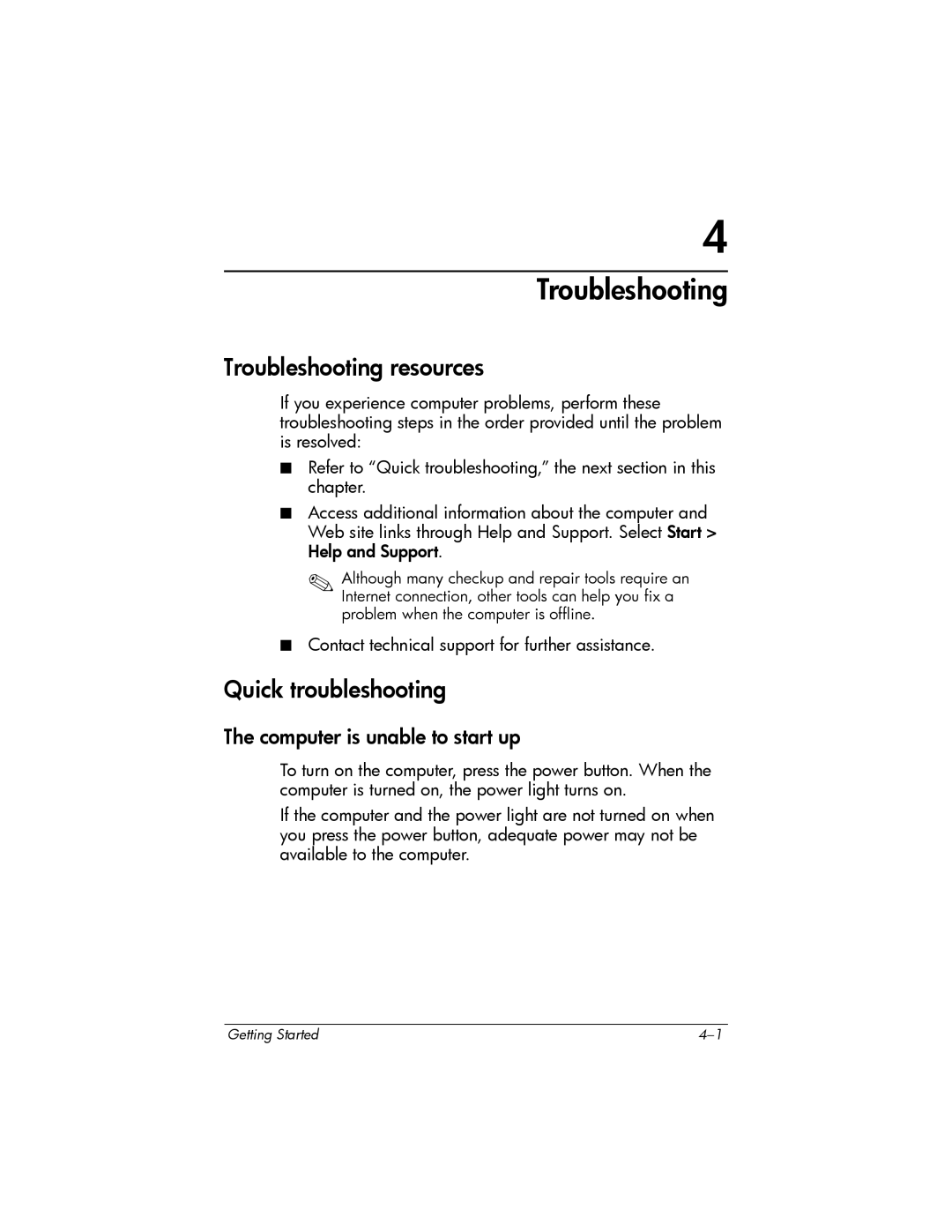 HP 443562-001 manual Troubleshooting resources, Quick troubleshooting, Computer is unable to start up 