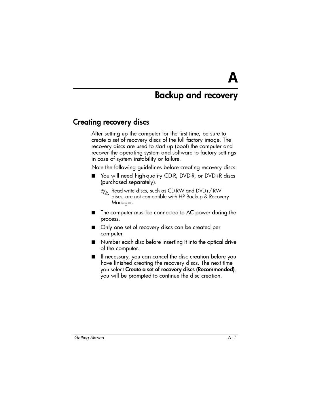 HP 443562-001 manual Backup and recovery, Creating recovery discs 