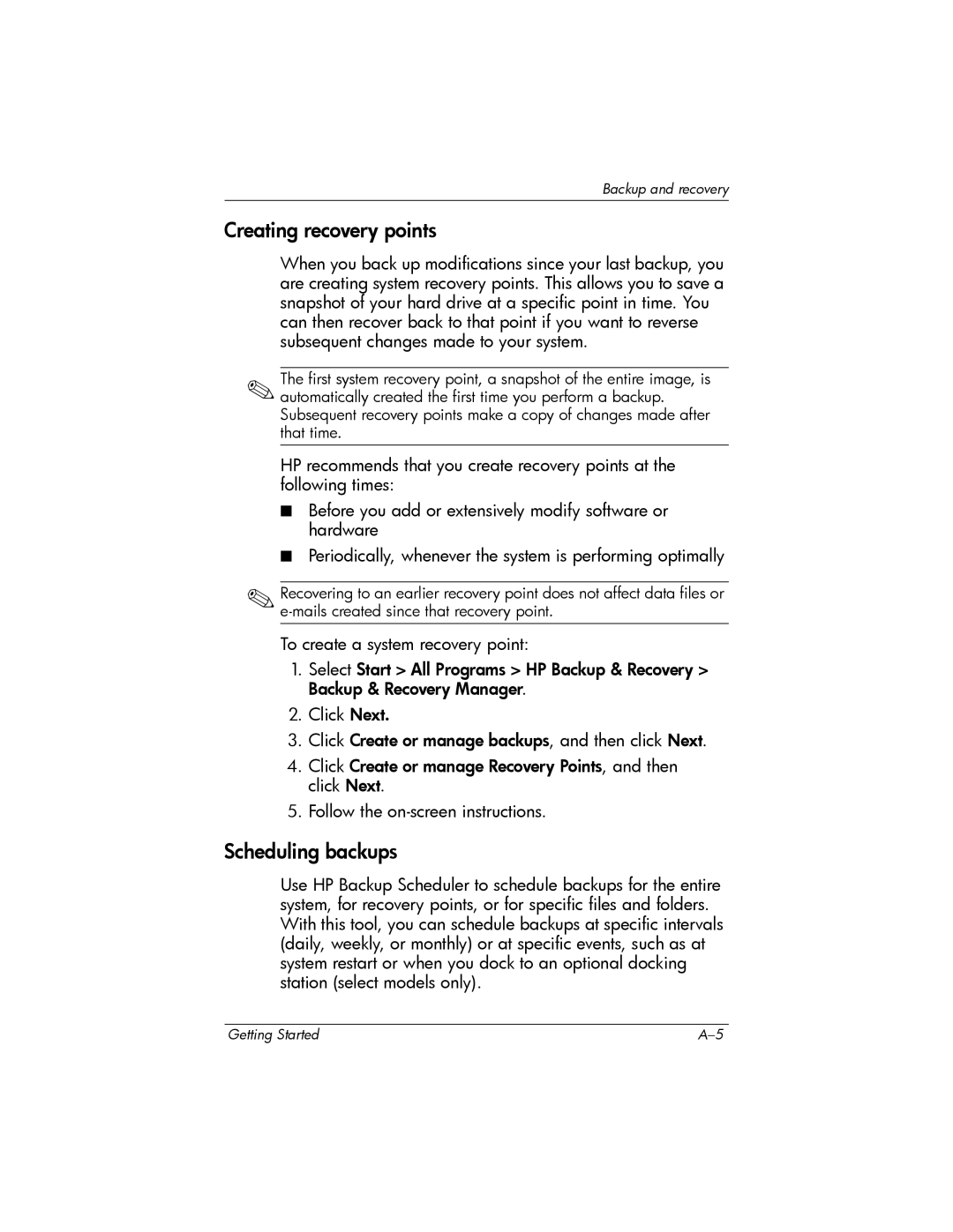 HP 443562-001 manual Creating recovery points, Scheduling backups 