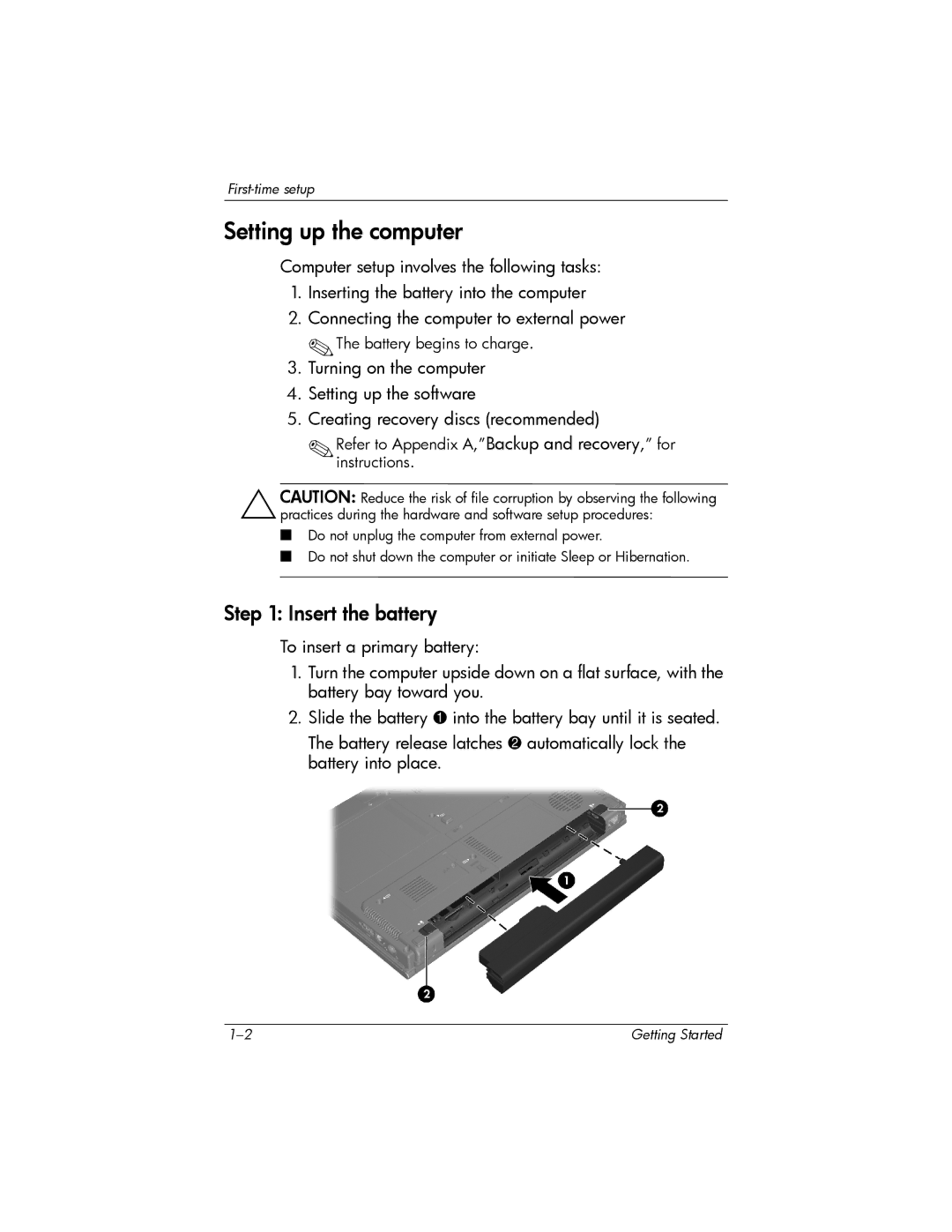 HP 443562-001 manual Setting up the computer, Insert the battery 