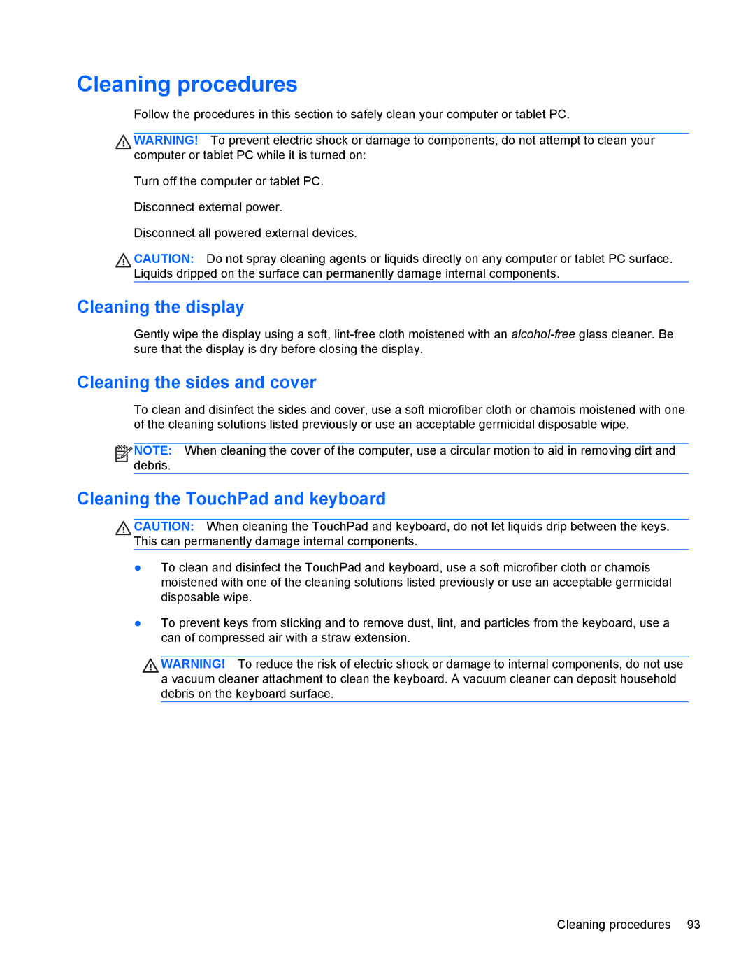 HP 4440s manual Cleaning procedures, Cleaning the display, Cleaning the sides and cover, Cleaning the TouchPad and keyboard 