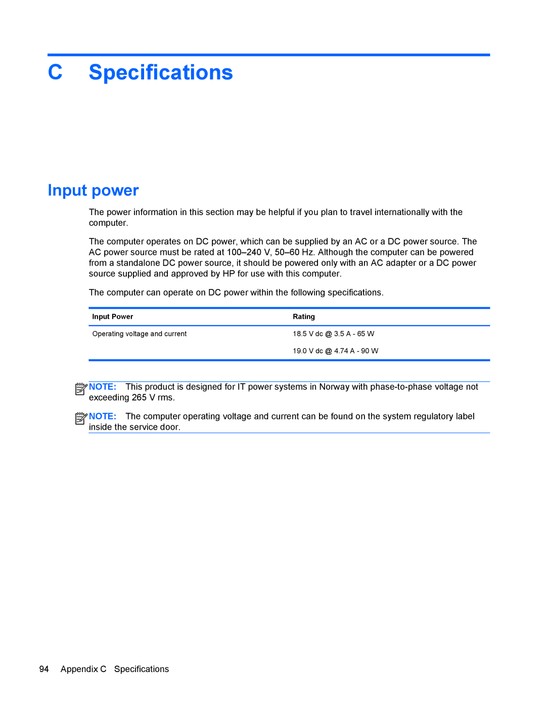 HP 4440s manual Specifications, Input power 