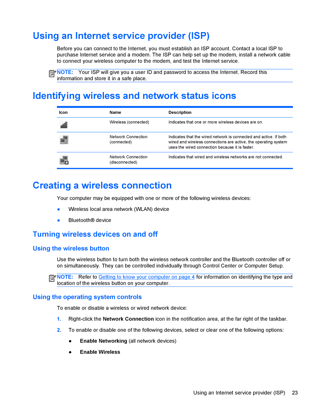 HP 4440s manual Using an Internet service provider ISP, Identifying wireless and network status icons 