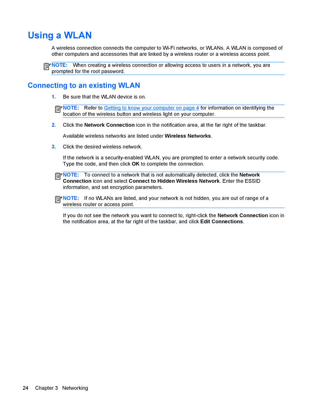 HP 4440s manual Using a Wlan, Connecting to an existing Wlan 