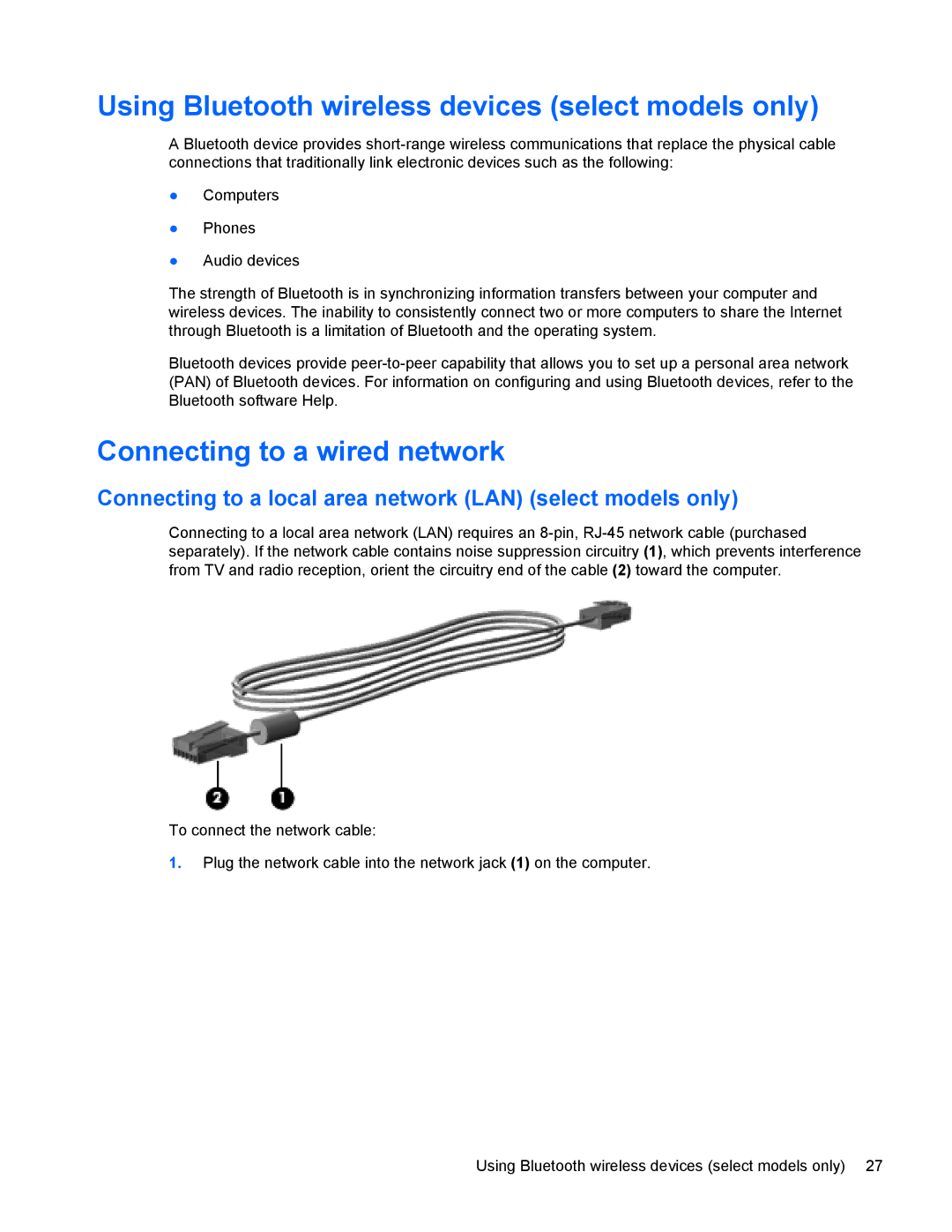 HP 4440s manual Using Bluetooth wireless devices select models only, Connecting to a wired network 